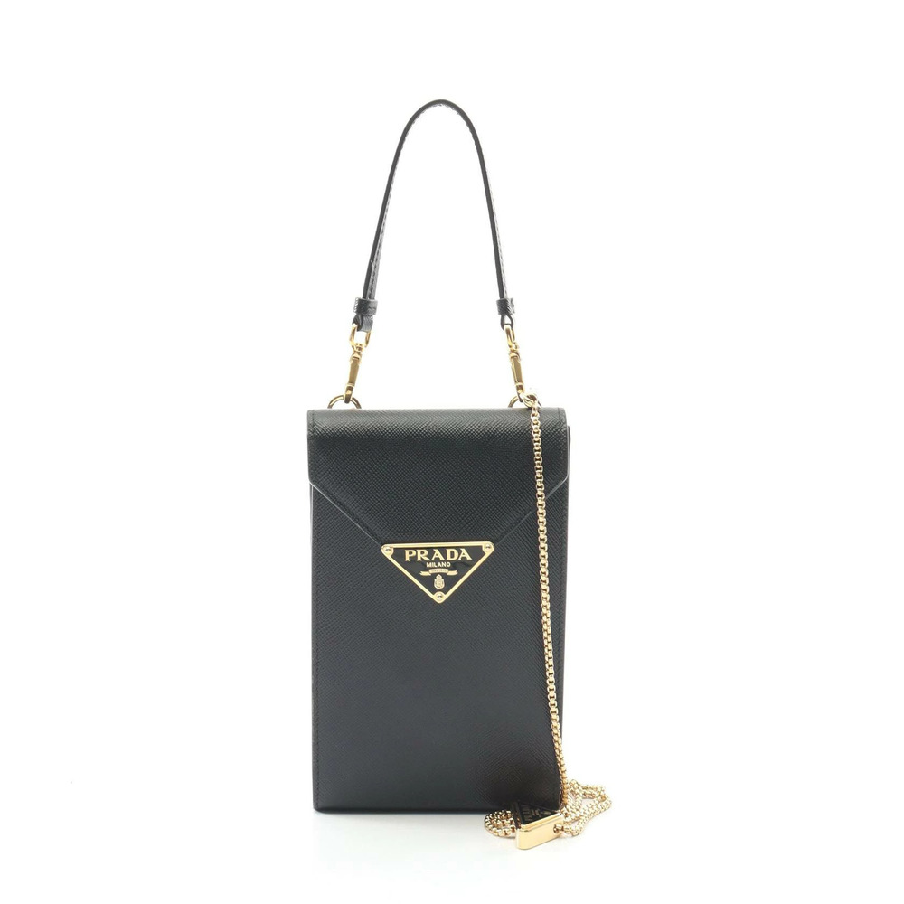 Prada Triangle Phone Holder Handbag Saffiano Leather Black